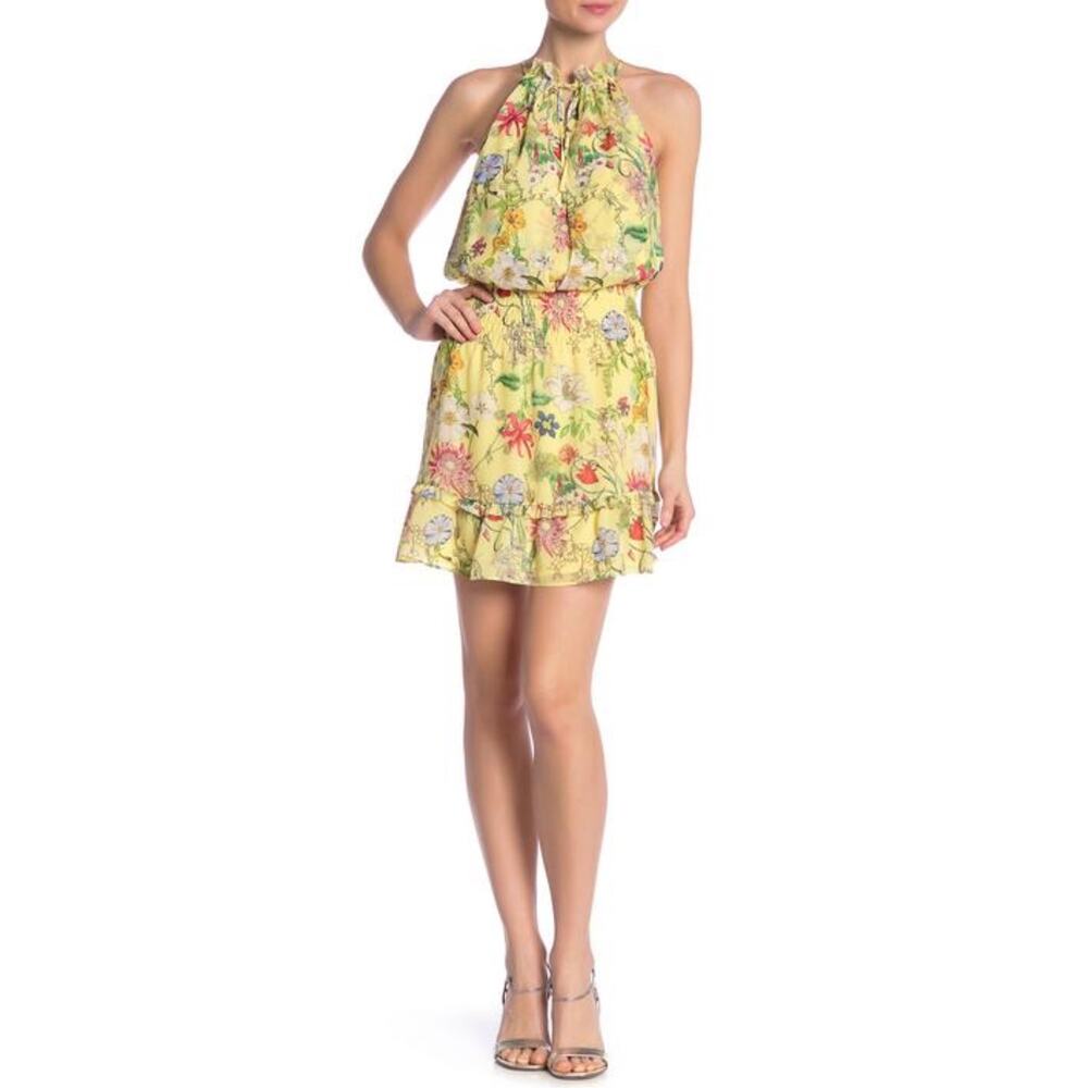 Parker Yellow Multi Floral Serenity Ruffle Trim Keyhole Mini Dress XS